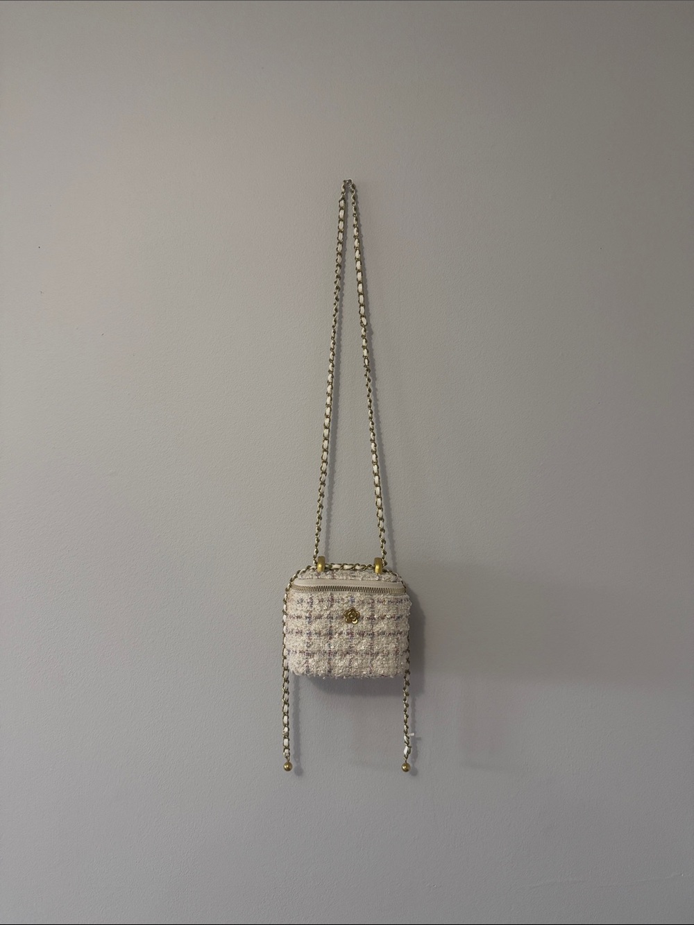 Vintage Cream Tweed Mini Crossbody with Gold Chain